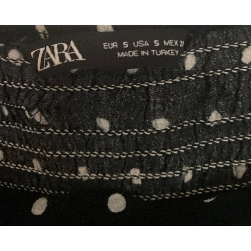 Zara Women Blouse Polka Dot Ruched Smocked Puff Sleeve S Black Cottagecore Retro